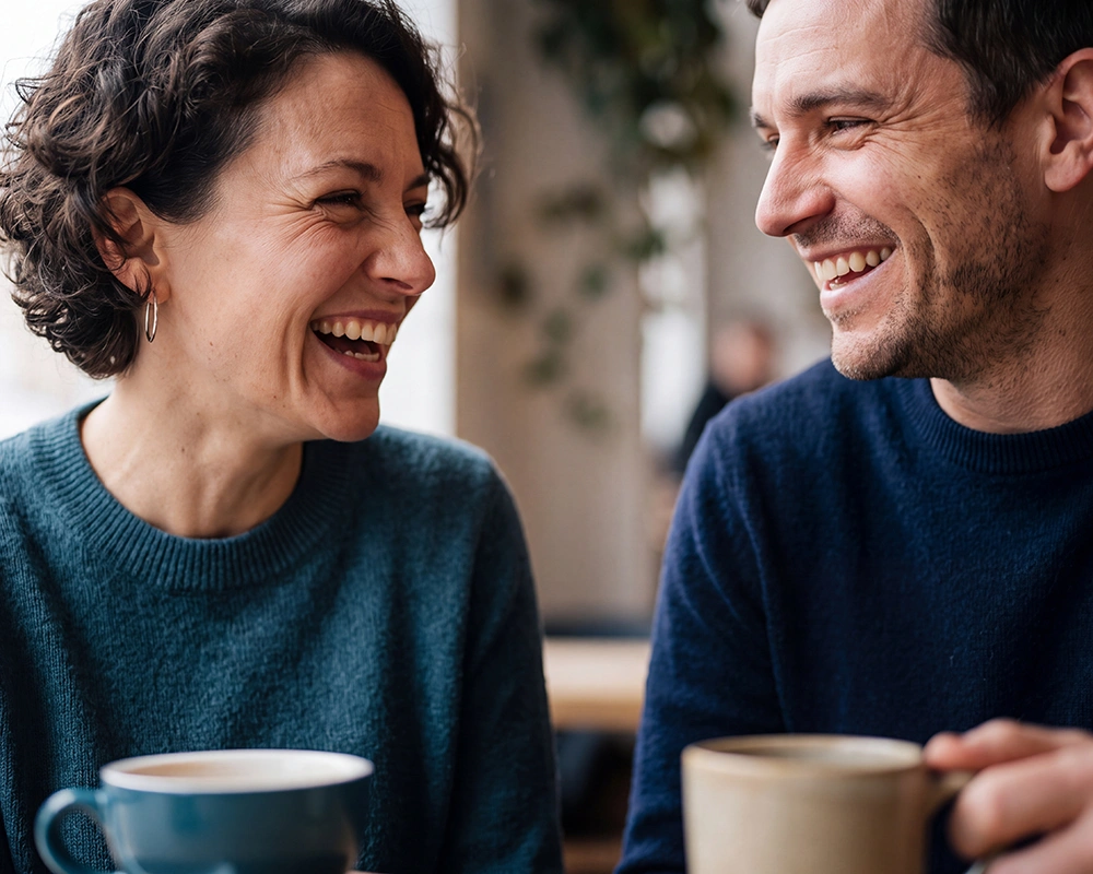 Lachende Kollegin und lachender Kollege beim Kaffee, Teamgefühl in der Ausbildung bei TKP