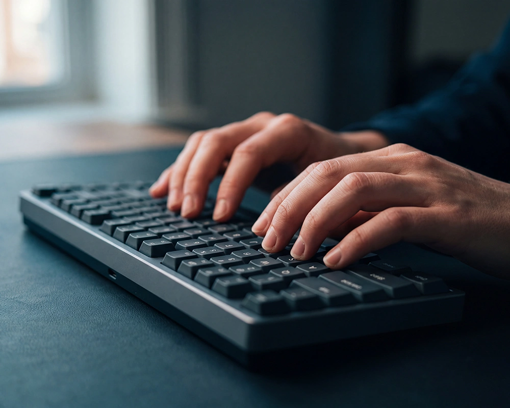 Hände tippen auf einer Tastatur, digitales Arbeiten in der Steuerkanzlei
